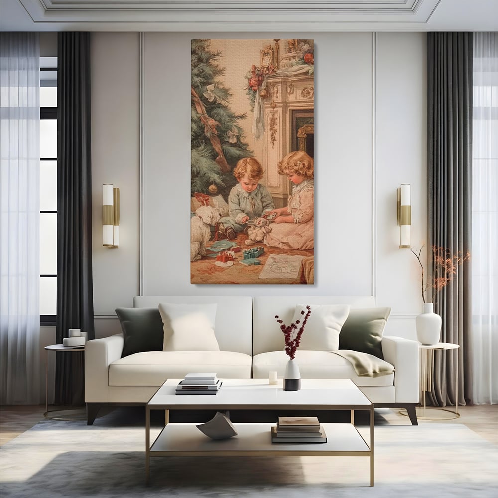 Tablou canvas cu ilustratie vintage cu copii langa bradul de craciun, fara rama, pe sasiu de lemn, pe perete intr-un living